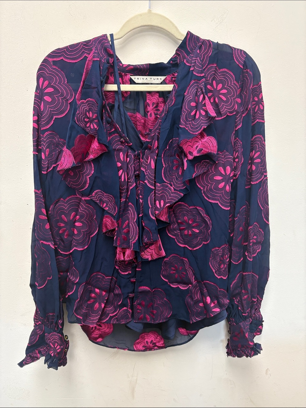 Trina Turk Navy Floral Ruffle Tie-Neck Blouse with Hot Pink Print
